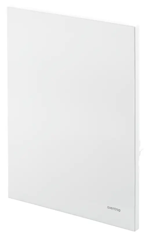 Weiße Abdeckung aus Echtglas für Heizungsuniboxen, geliefert von Oventrop, montiert an einer Wand. Klare, minimalistische Gestaltung.